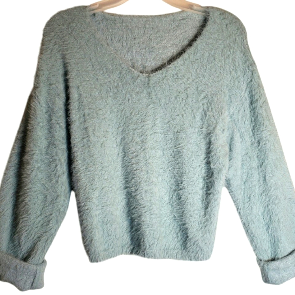 Daisy women's XL soft blue cashmere long sleeve pullover blouse. 6054